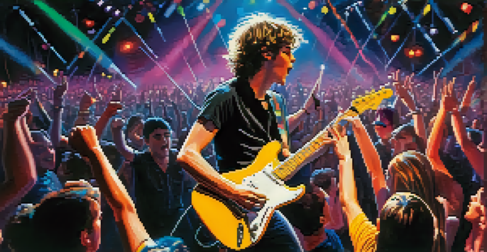 A youth rock band performing energetically on stage with colorful lights and a cheering crowd.