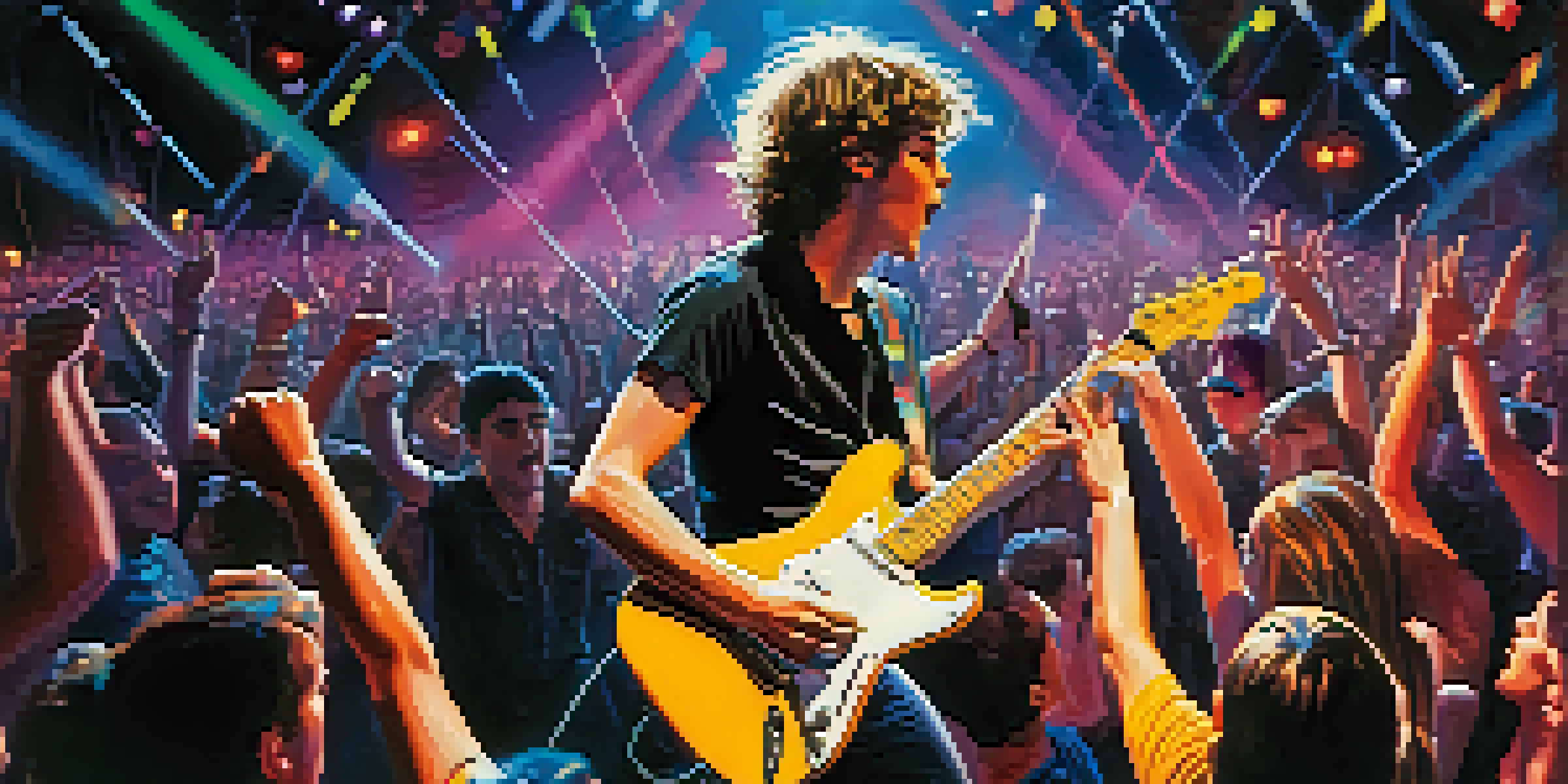 A youth rock band performing energetically on stage with colorful lights and a cheering crowd.