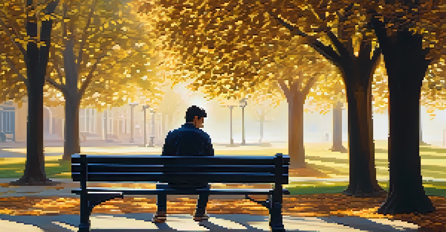 A guitarist sitting on a park bench during golden hour, holding an acoustic guitar with a thoughtful expression and falling leaves around.