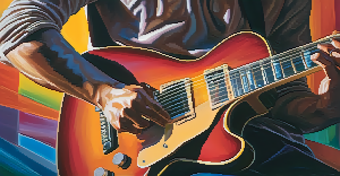 A guitarist's hands playing a guitar with colorful lighting and musical notes in the air.