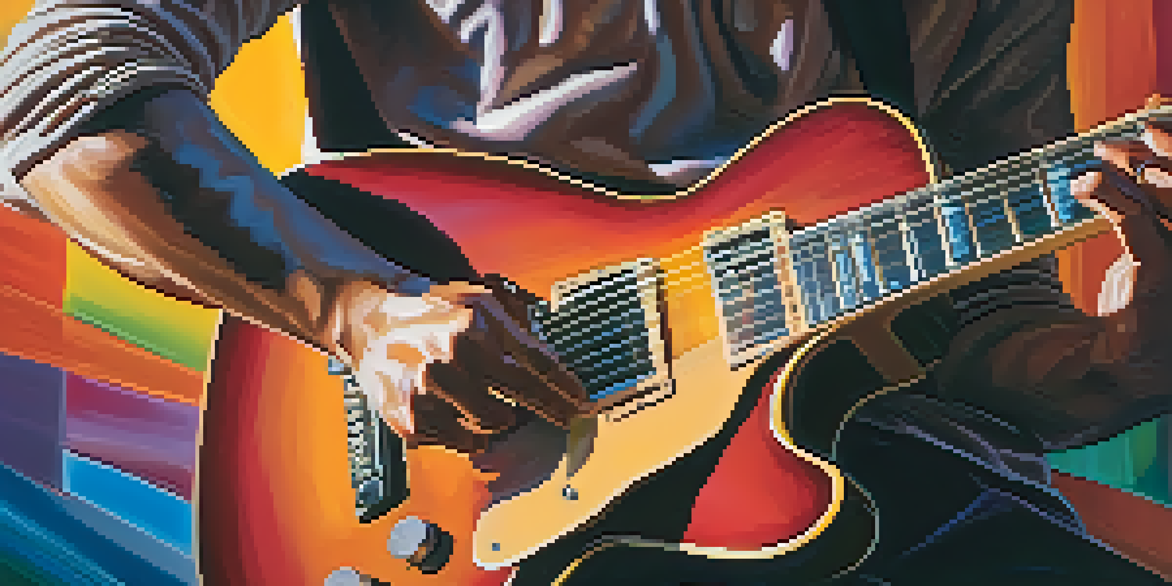 A guitarist's hands playing a guitar with colorful lighting and musical notes in the air.