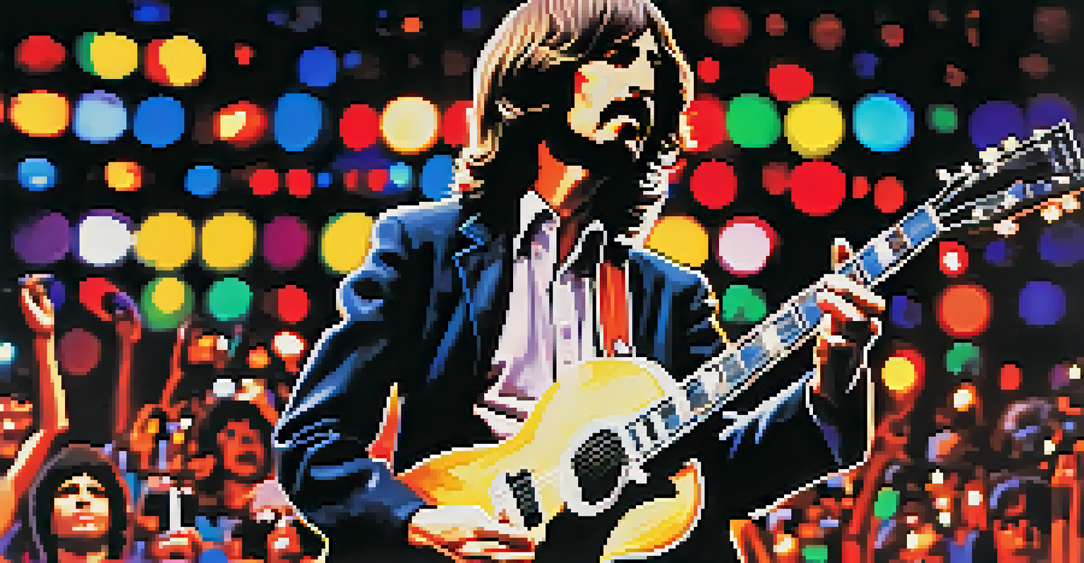 George Harrison performing on stage at the Concert for Bangladesh, surrounded by fellow musicians and a lively audience.