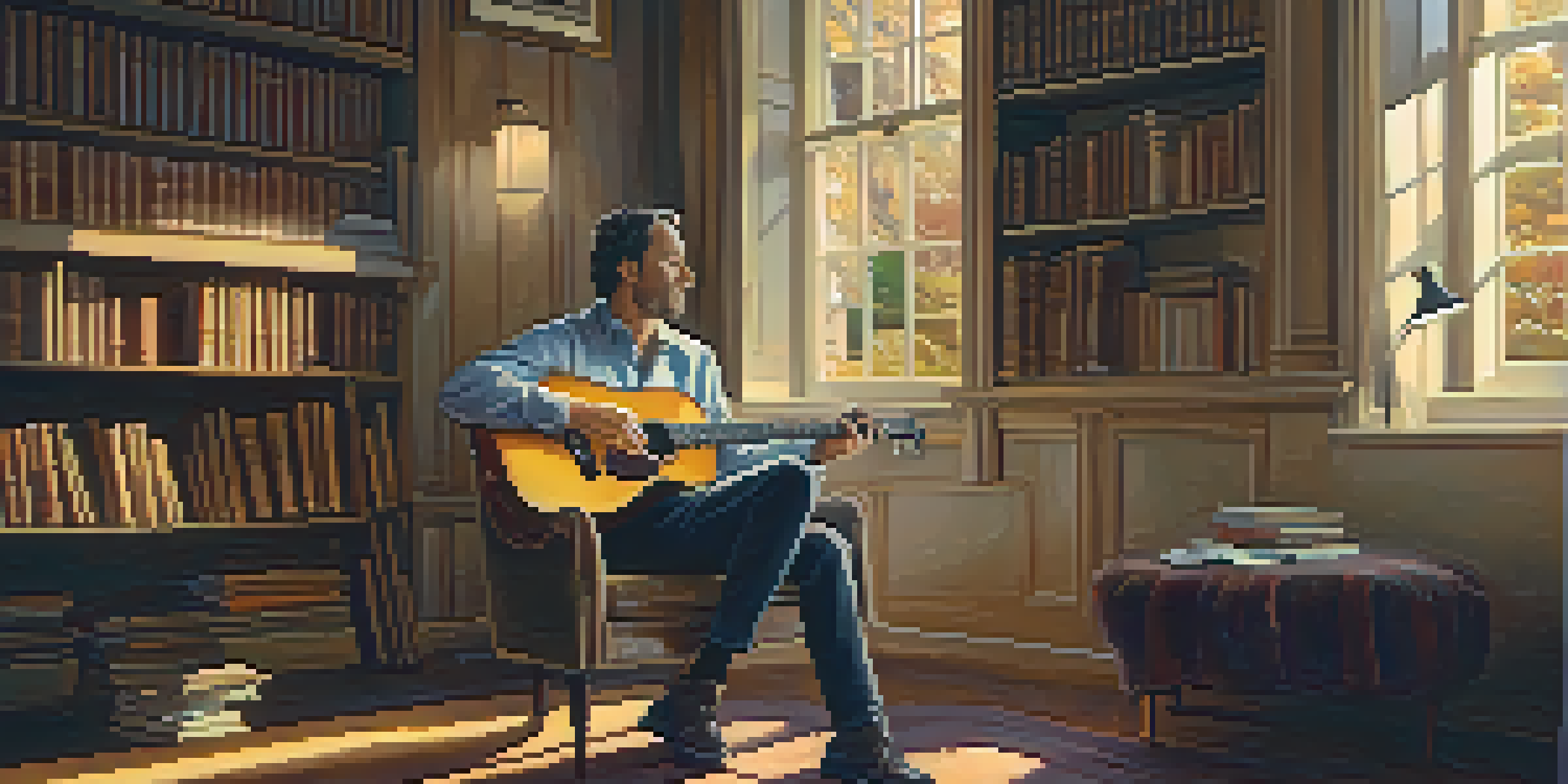 A guitarist playing softly in a warm, softly lit room filled with music sheets and a steaming cup of tea.