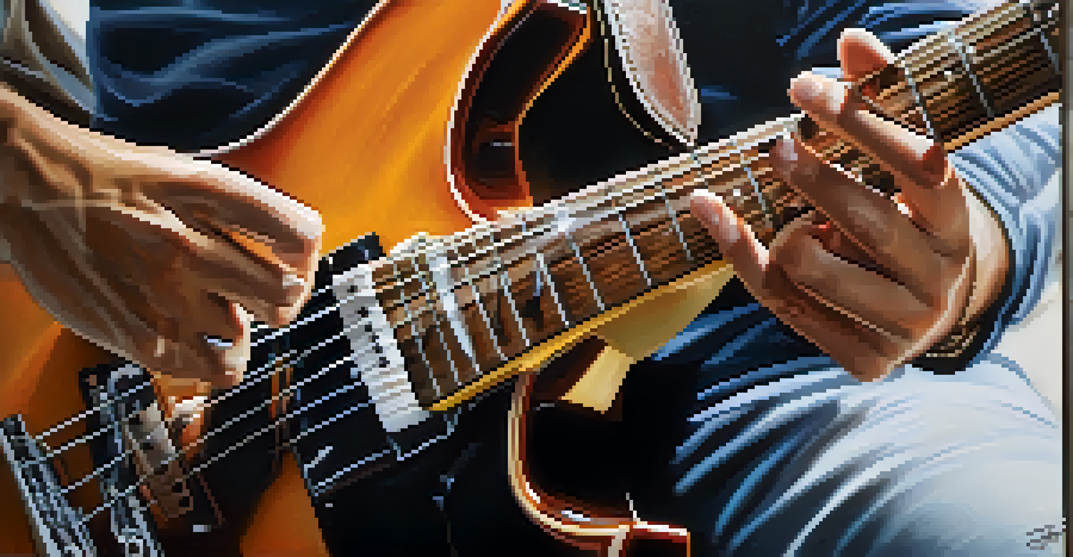 A close-up of hands playing a guitar, showcasing finger movements on the fretboard.