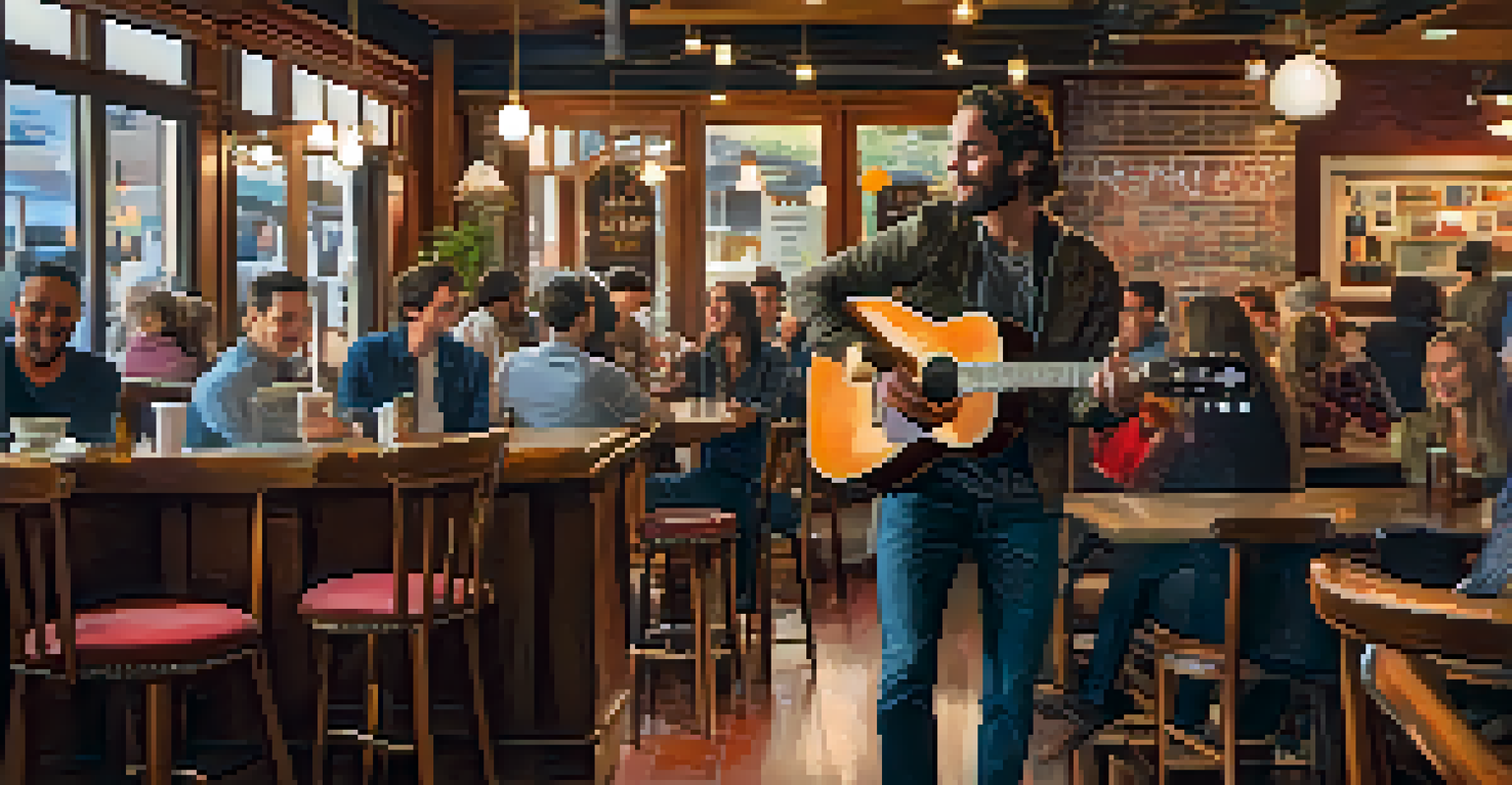 A guitarist performing live at a cozy coffee shop, with patrons enjoying drinks and an intimate atmosphere.