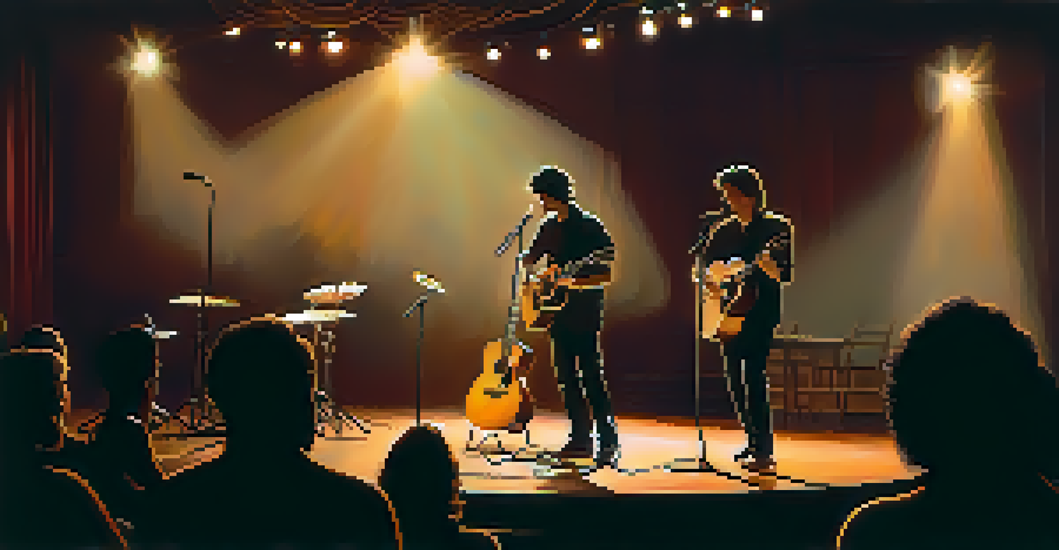 A guitarist and a poet performing on stage, illuminated by soft lights with an audience in the background.