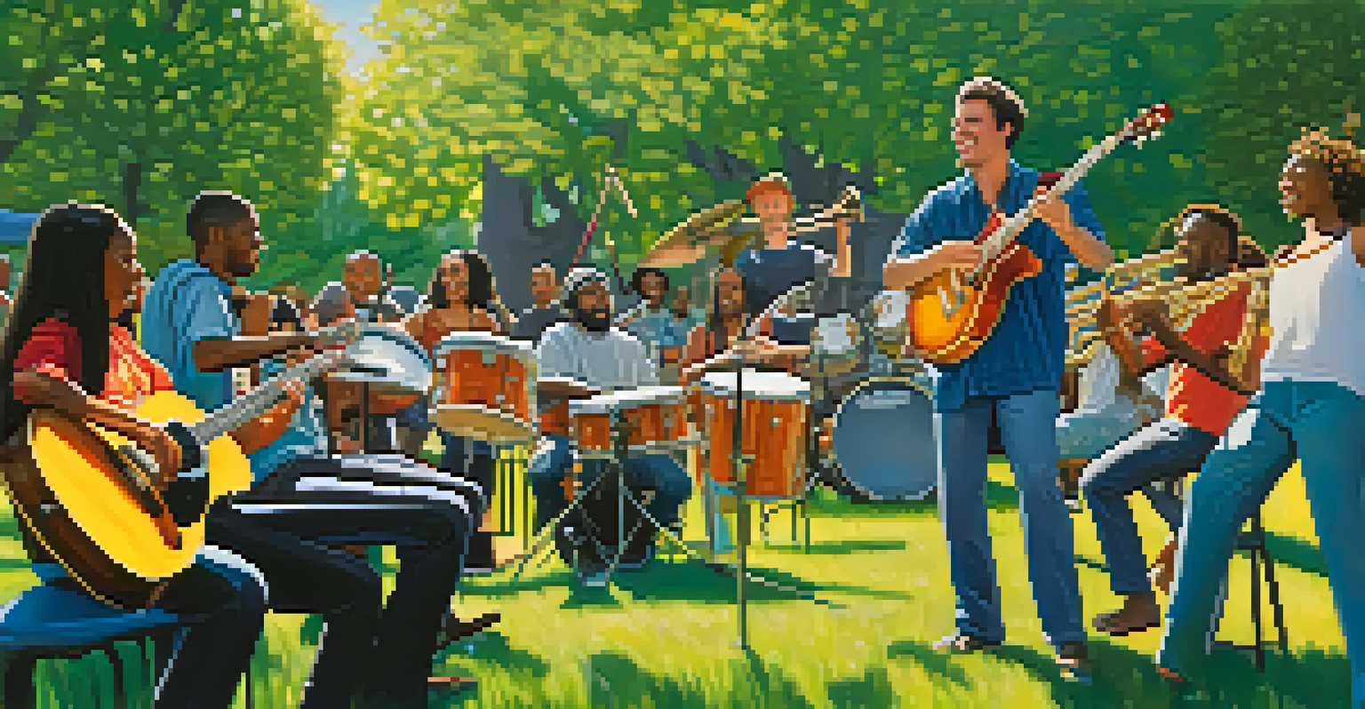 A diverse group of musicians playing instruments in a sunny park during a jam session, expressing joy and connection.