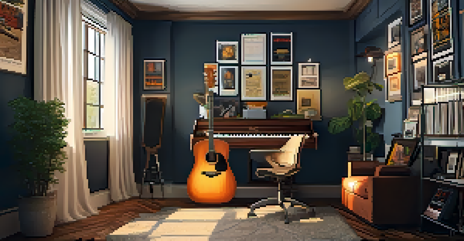 A cozy home practice space for guitarists with a chair, a guitar on a stand, warm lighting, and posters of famous guitarists on the walls.