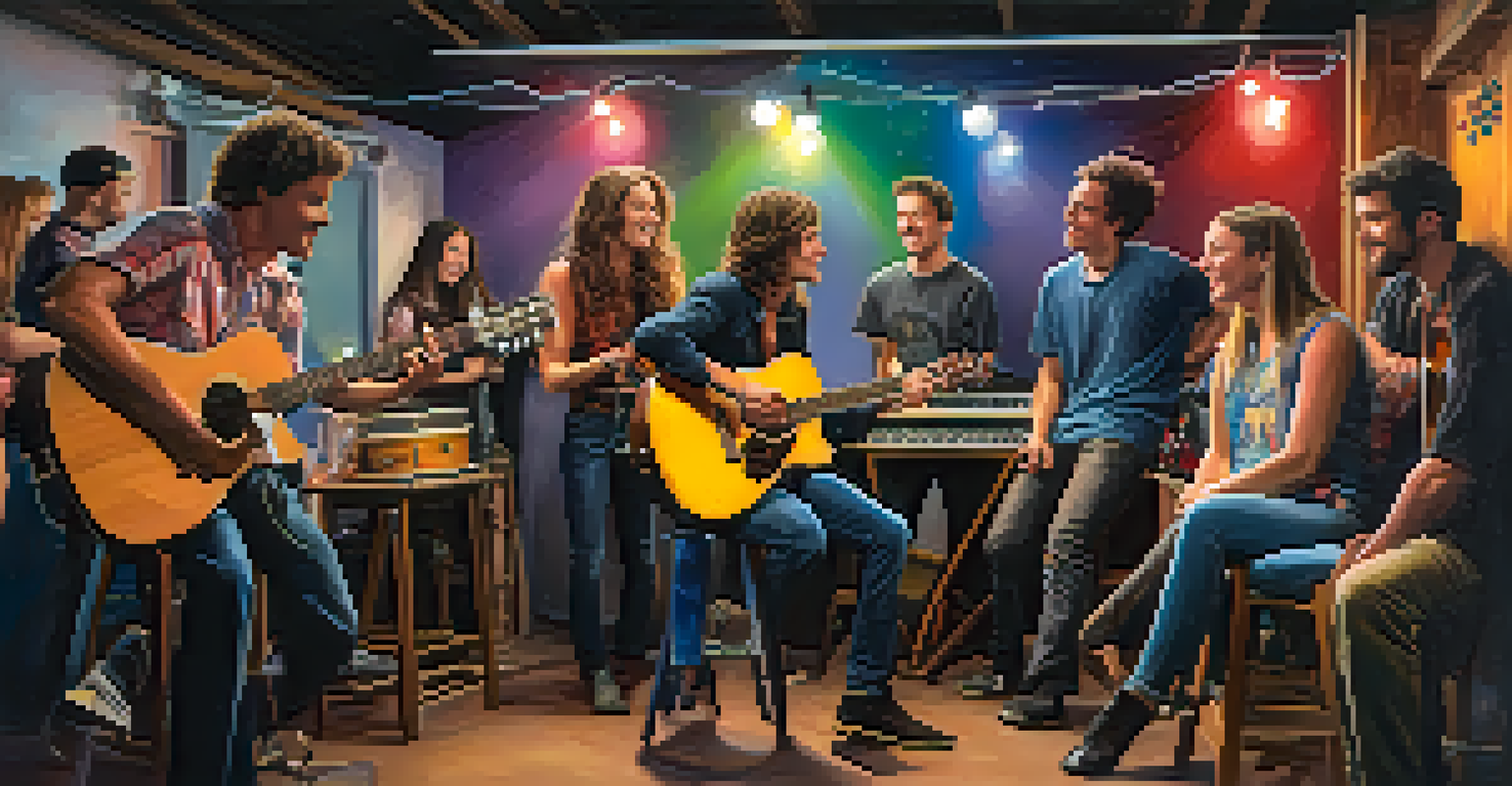 A guitarist performing in a garage decorated with lights, while friends enjoy the music, creating a lively atmosphere.