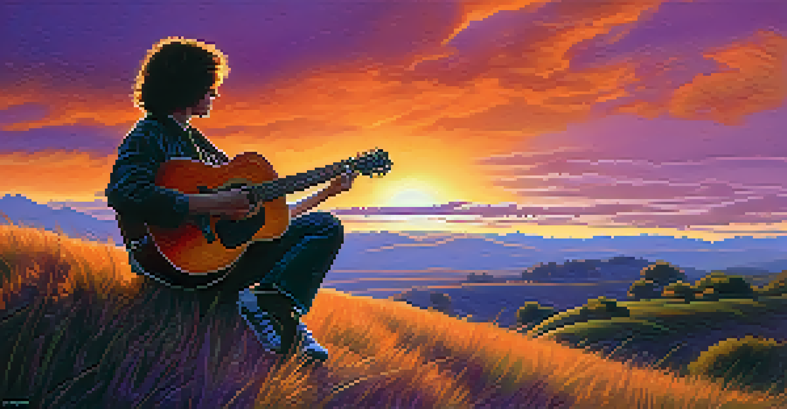 A guitarist sitting on a hill at sunset, strumming a guitar against a colorful sky.