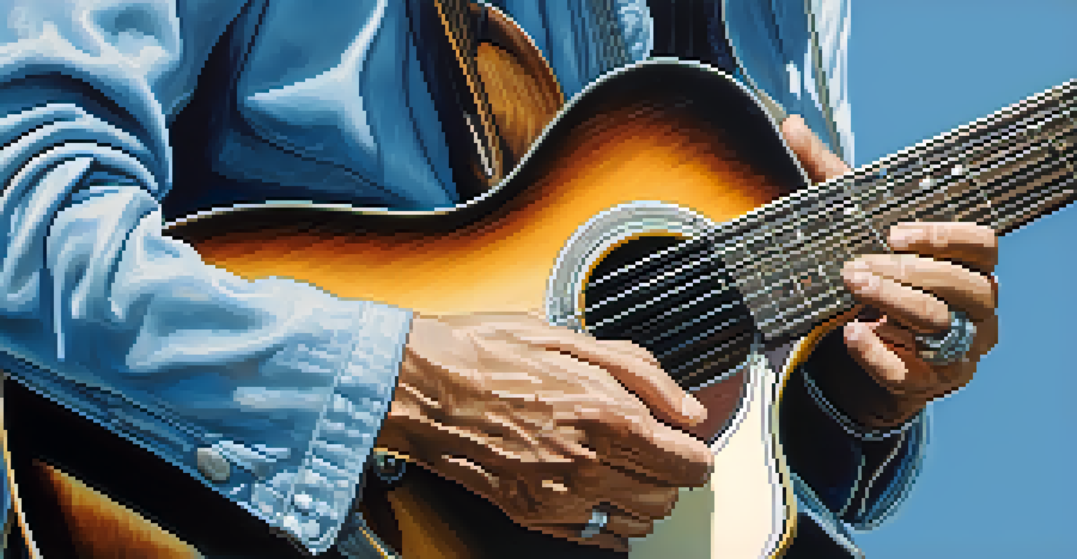 A close-up of hands bending guitar strings, with a soft gradient background in blues and greens, representing blues music.