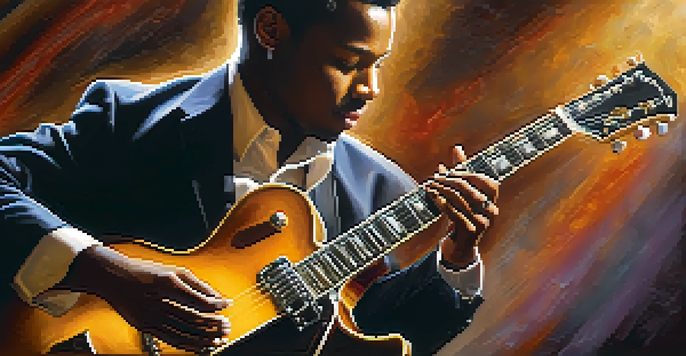 A jazz guitarist playing passionately, focusing on the guitar with musical notes in the air.