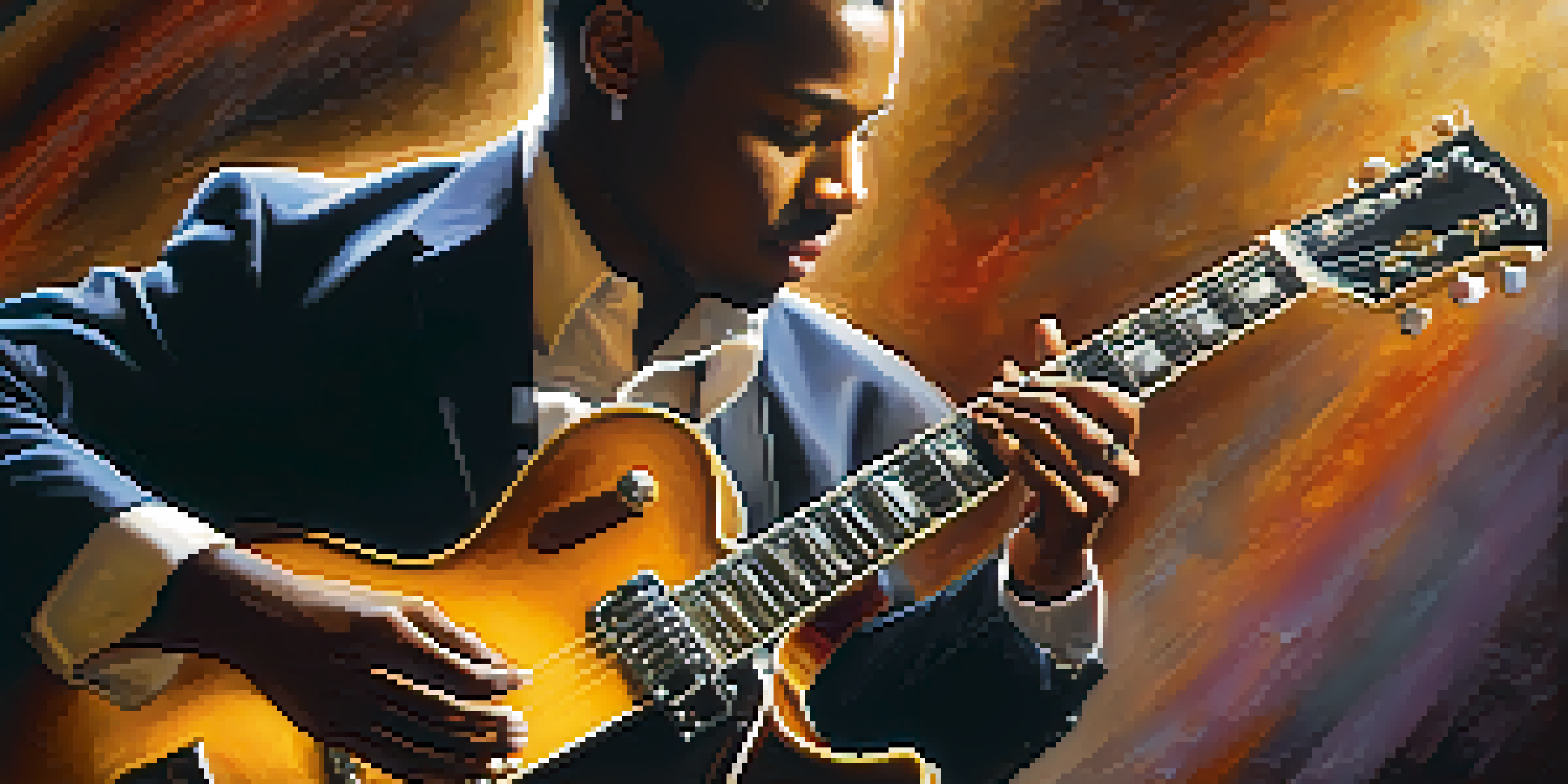 A jazz guitarist playing passionately, focusing on the guitar with musical notes in the air.