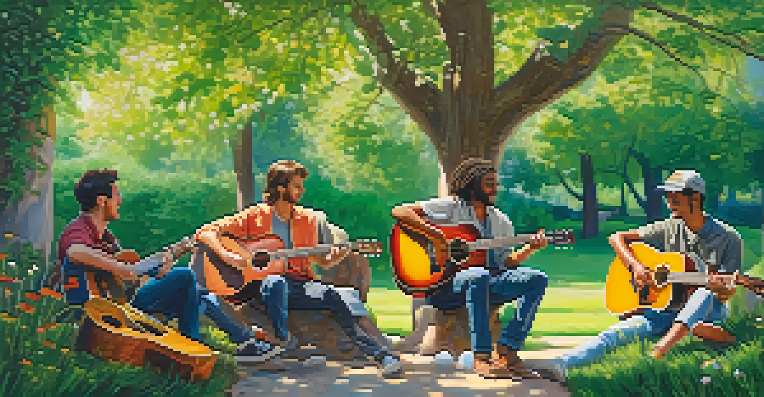 A group of friends playing guitars together in a colorful park, surrounded by nature.