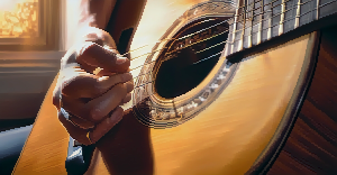 A close-up of a guitarist's hands strumming an acoustic guitar, with sunlight illuminating the strings and body of the guitar.