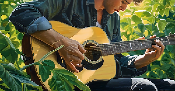 A guitarist's hands strumming an acoustic guitar in a sunlit outdoor setting with green foliage in the background.