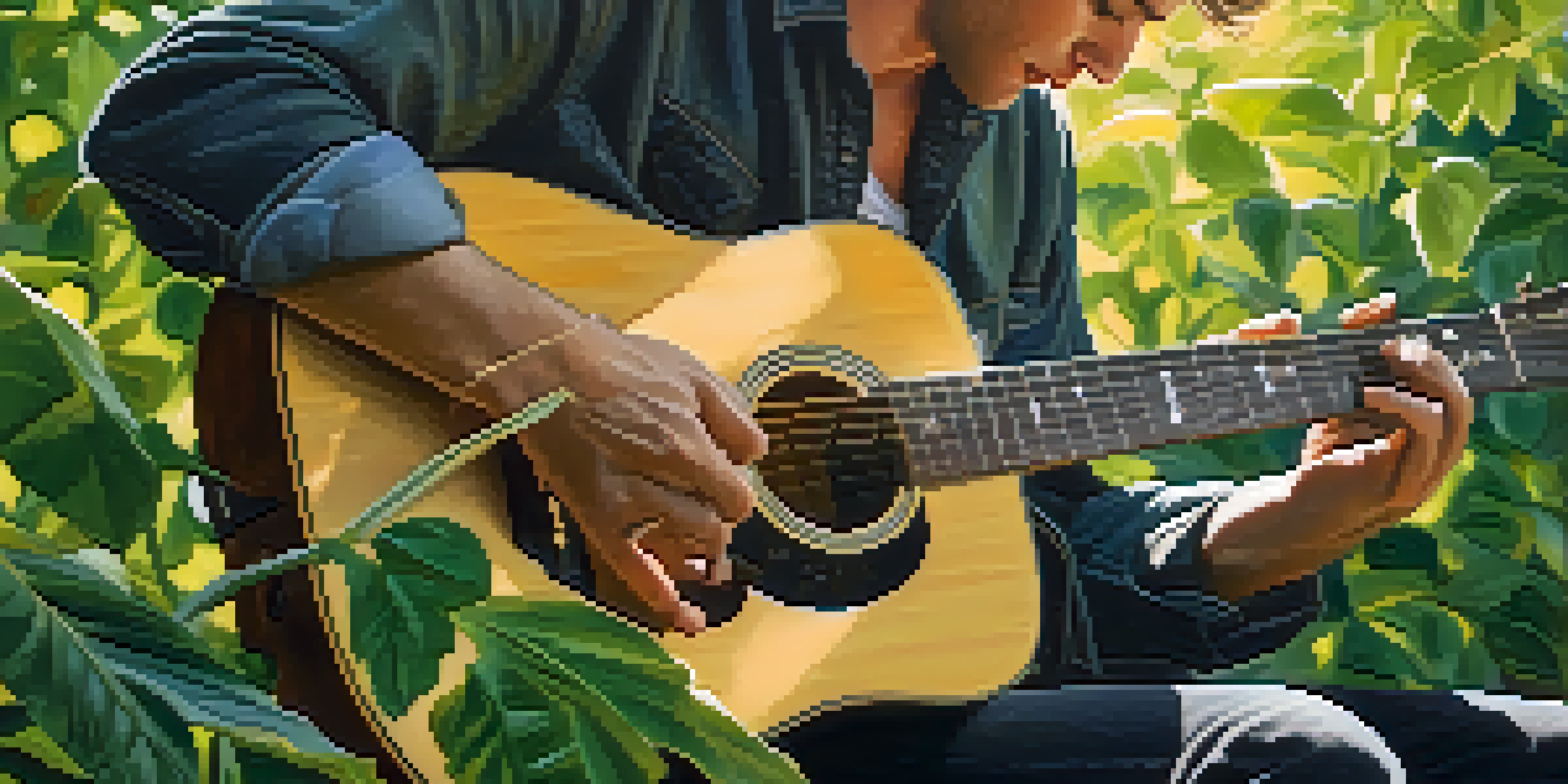 A guitarist's hands strumming an acoustic guitar in a sunlit outdoor setting with green foliage in the background.