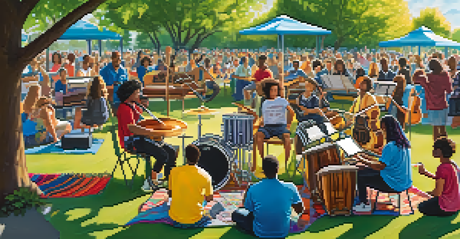An outdoor jam session with musicians playing instruments in a sunny park, surrounded by cheerful people and colorful blankets, creating a lively atmosphere.