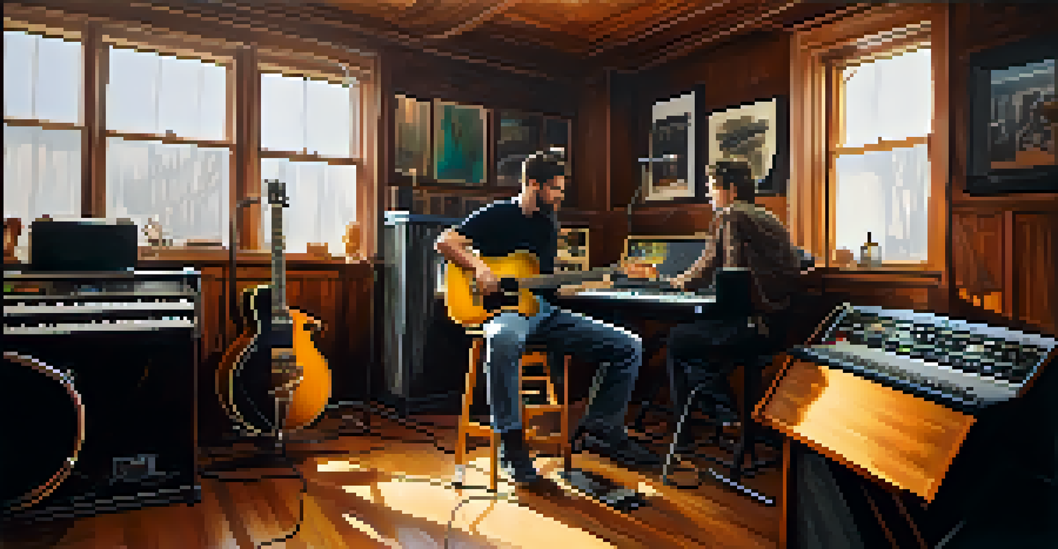 A guitarist and vocalist collaborating in a cozy recording studio.