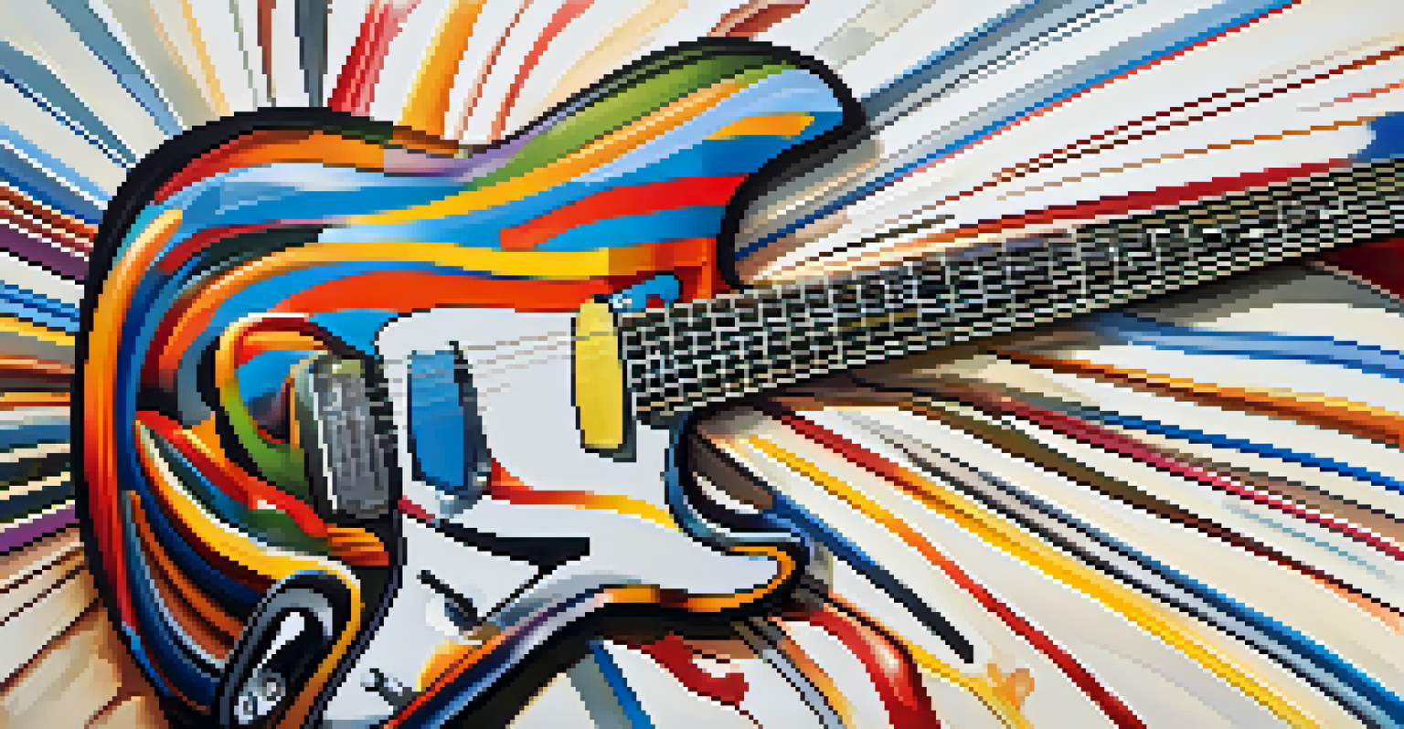 An artistic depiction of musical notes swirling around an electric guitar, with abstract shapes and vibrant colors representing funk music's rhythm.