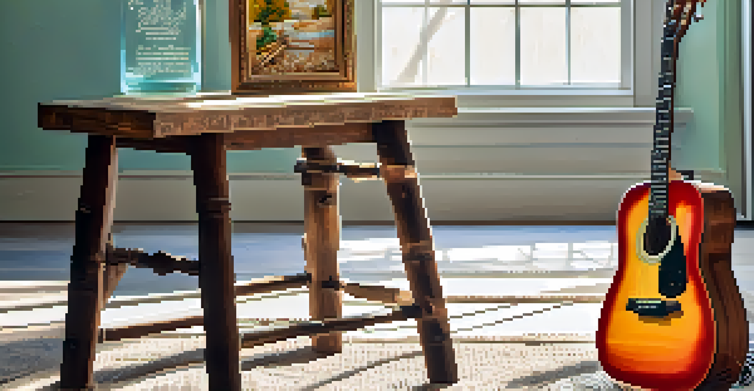 A vintage wooden stool repurposed as a guitar stand, with sunlight highlighting its textures and a guitar resting against it.