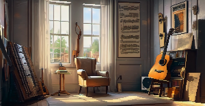 A cozy room with an acoustic guitar on a wooden chair, warm lighting, and music sheets on the wall.