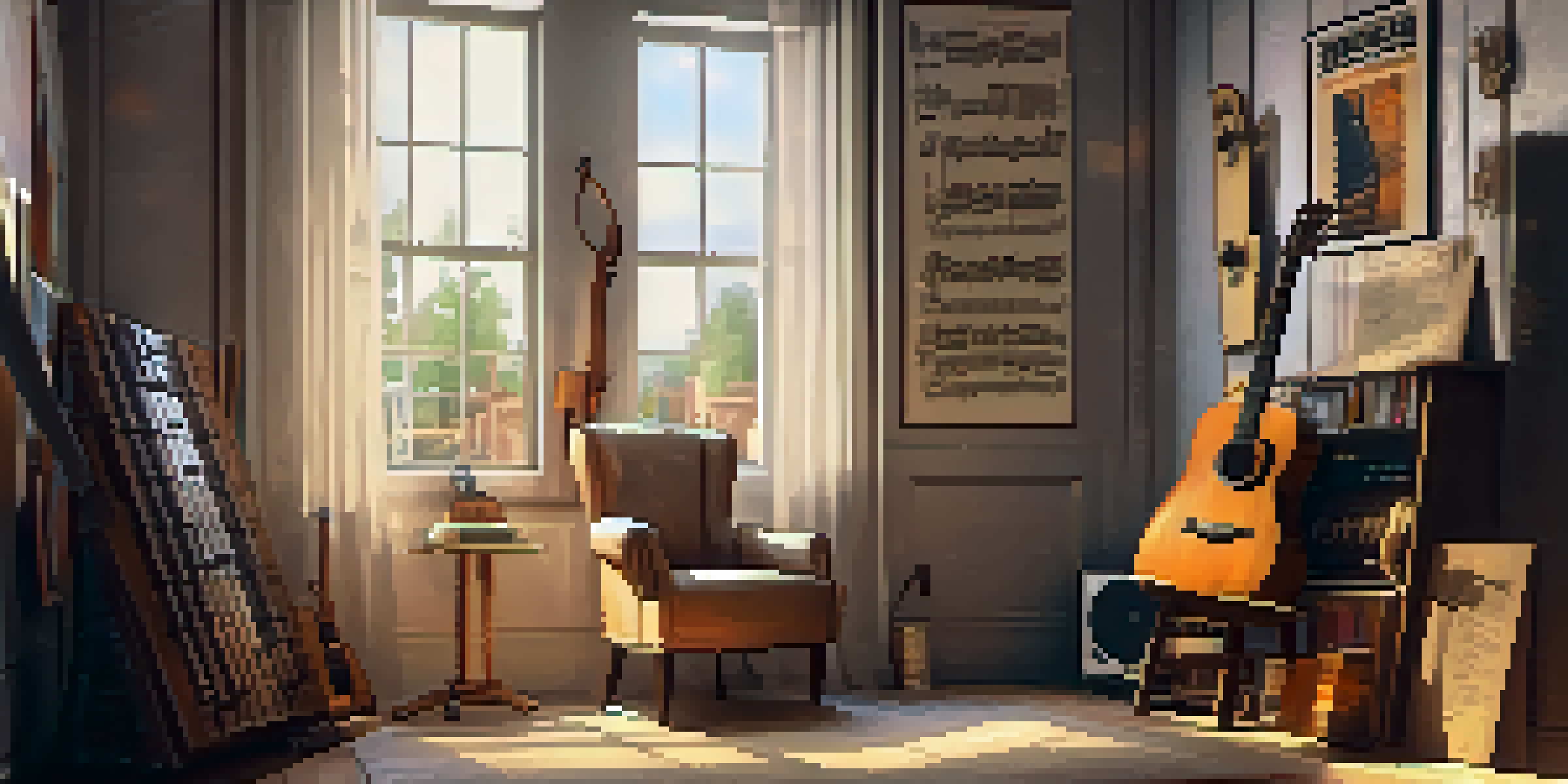 A cozy room with an acoustic guitar on a wooden chair, warm lighting, and music sheets on the wall.