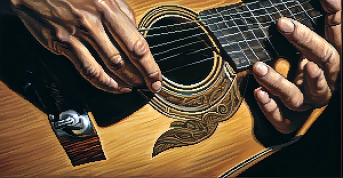A close-up of a guitarist's hands playing fingerstyle on an acoustic guitar, with warm lighting and a blurred background.