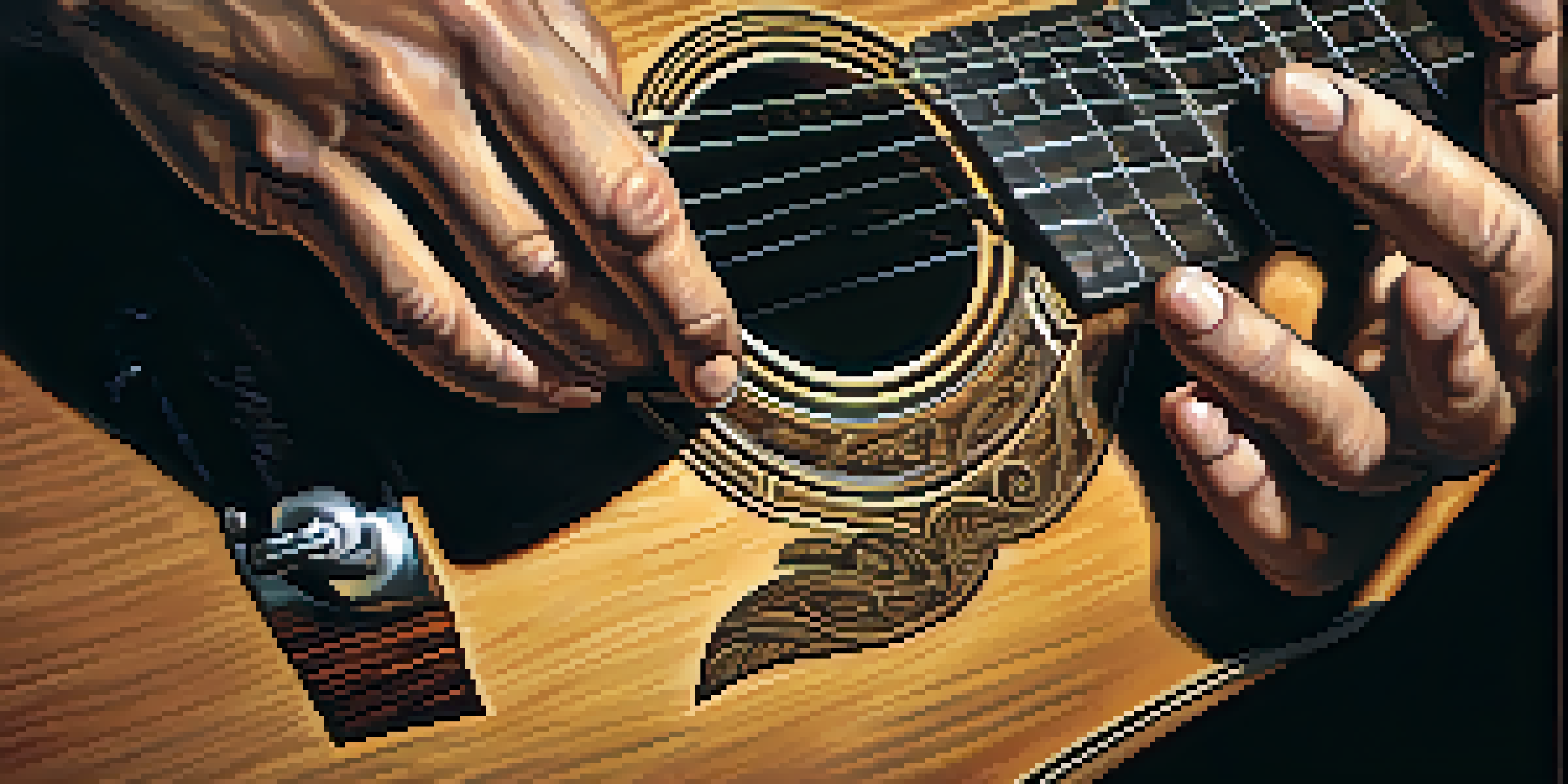 A close-up of a guitarist's hands playing fingerstyle on an acoustic guitar, with warm lighting and a blurred background.