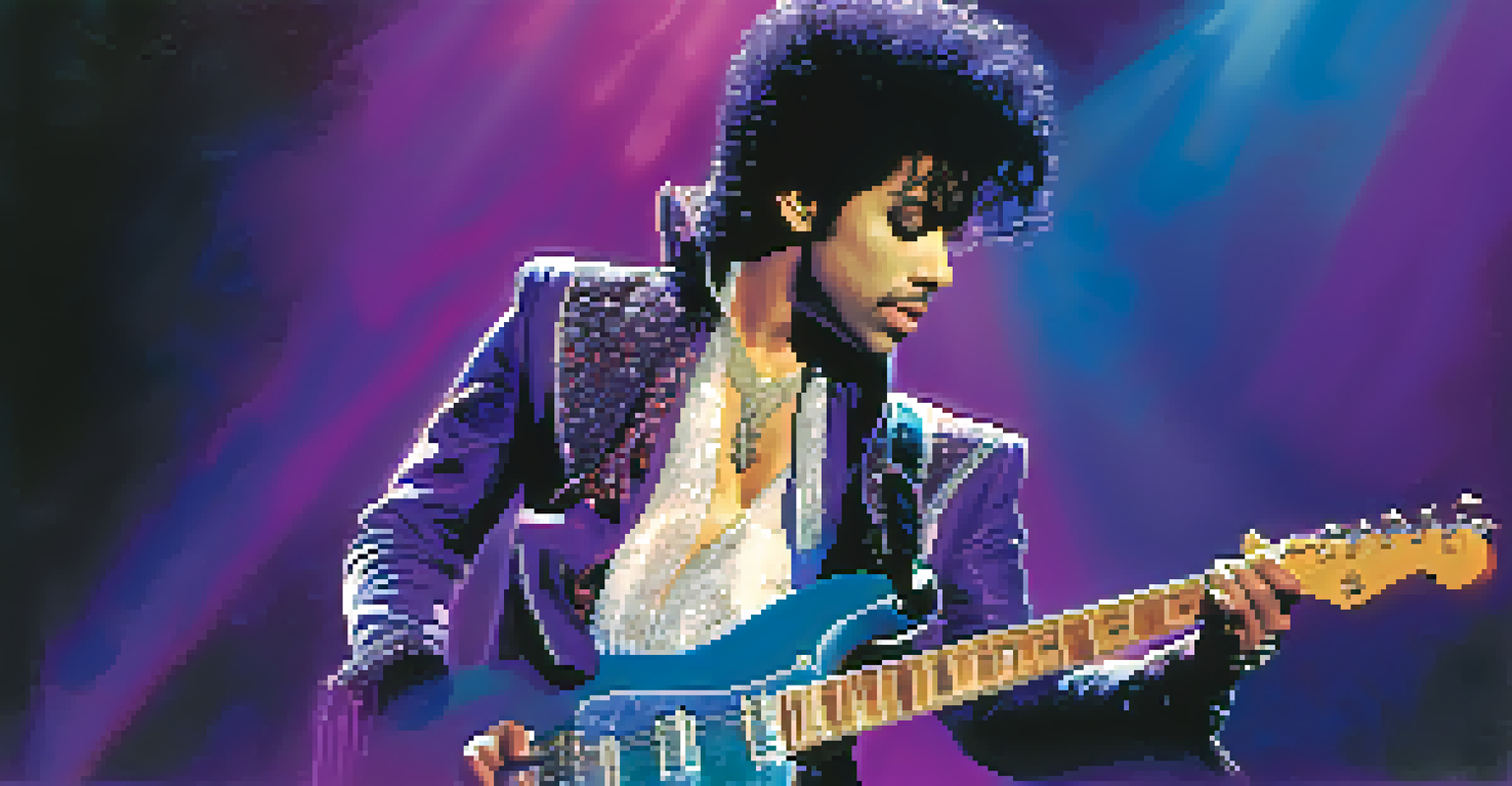 Prince performing on stage with a guitar, illuminated by colorful lights, while an excited audience watches.