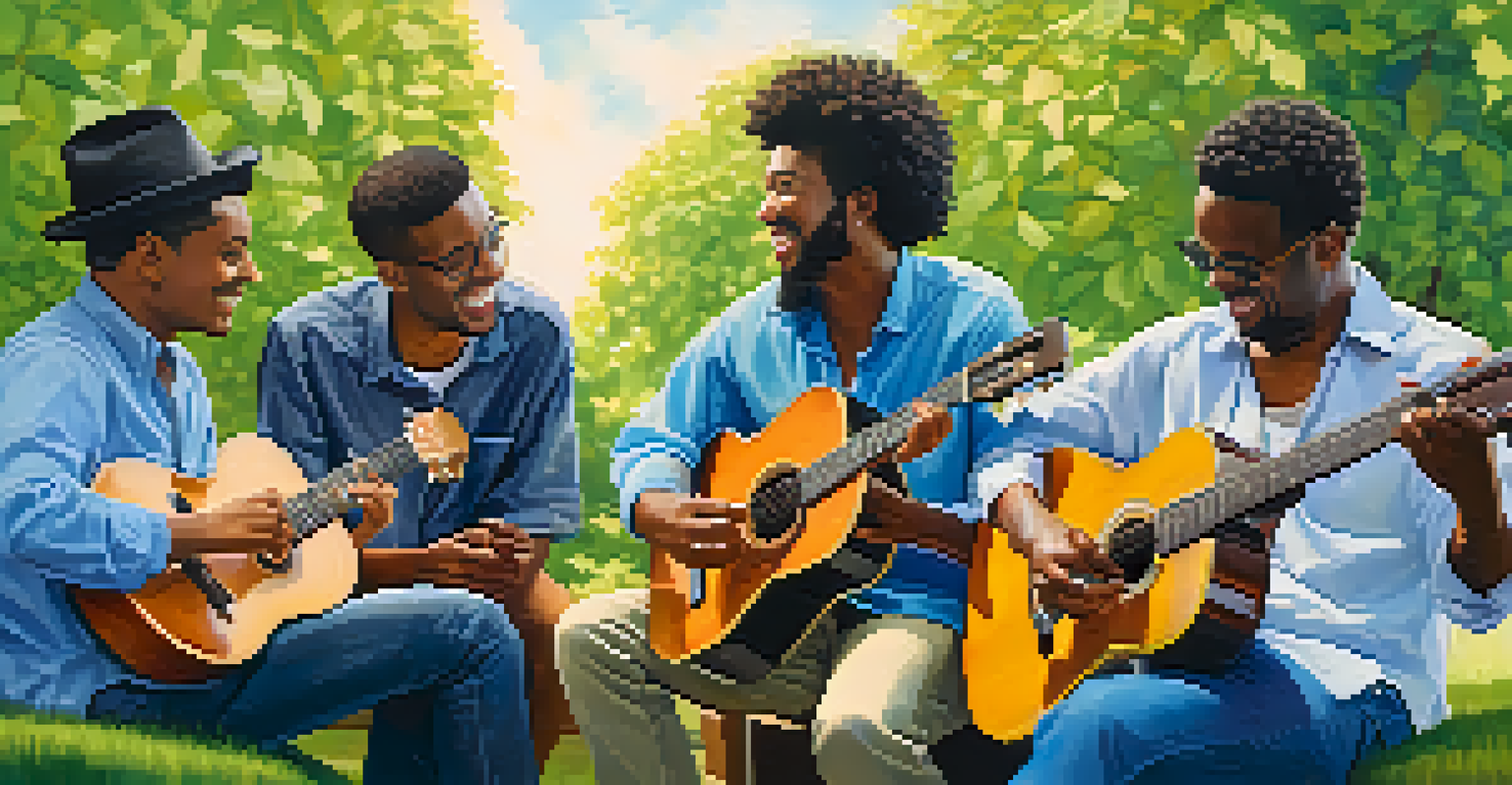 A group of musicians playing an acoustic guitar in a park, showcasing various guitar techniques while enjoying themselves.