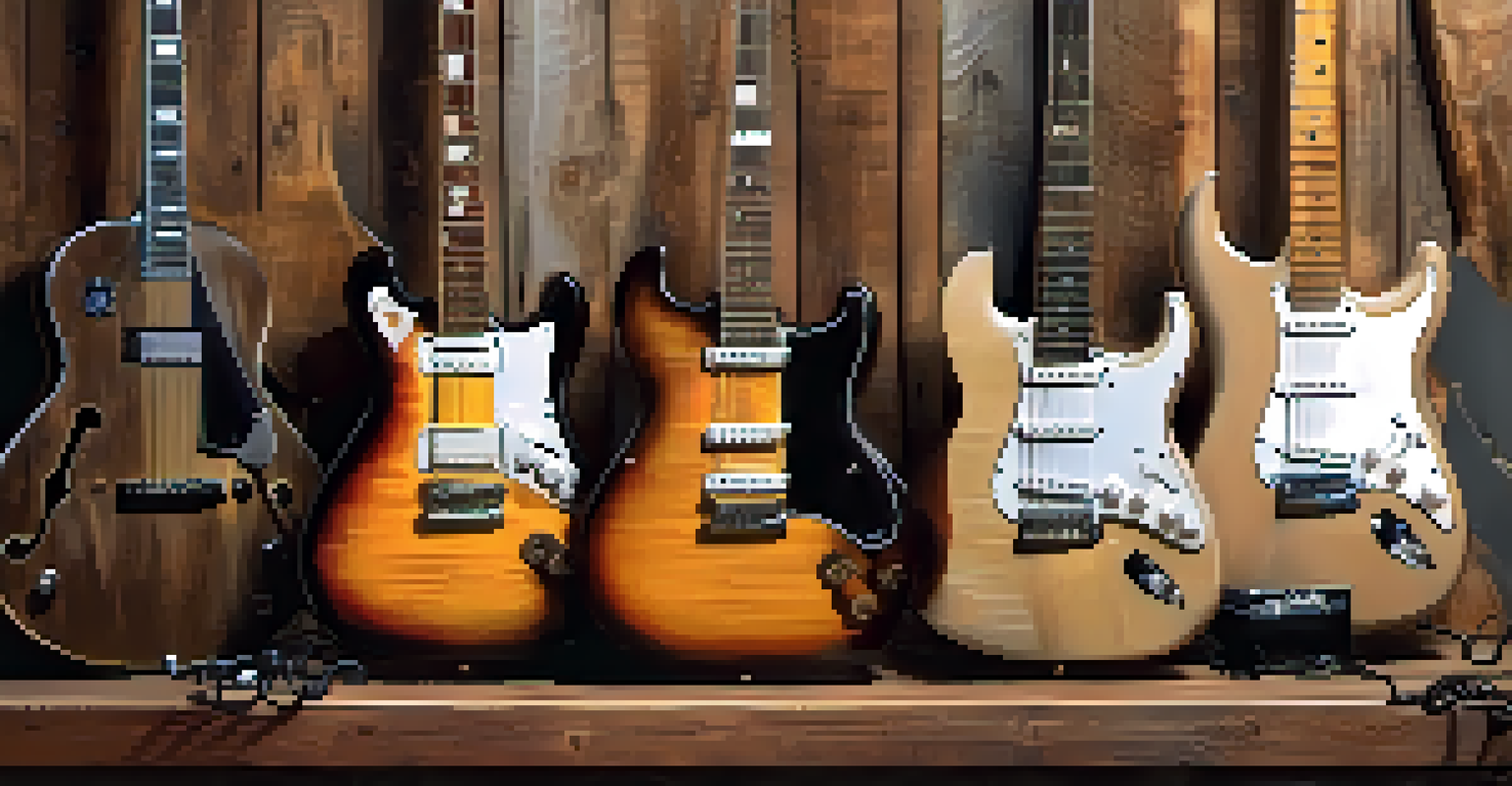 A collection of iconic electric guitars displayed on a rustic wooden wall, illuminated by soft lighting.
