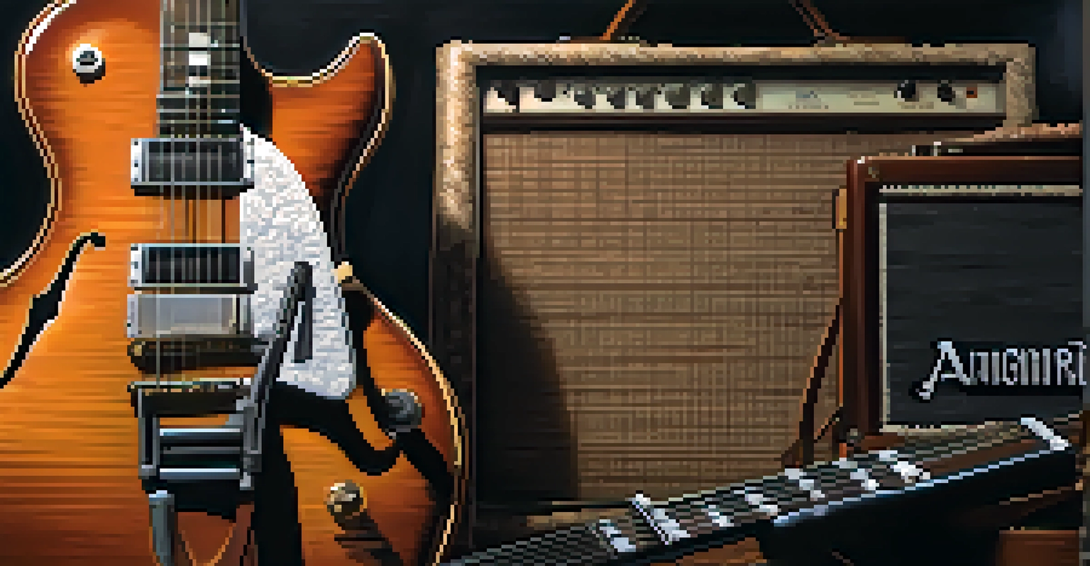 A close-up of an electric guitar and effects pedals in a dimly lit music studio.