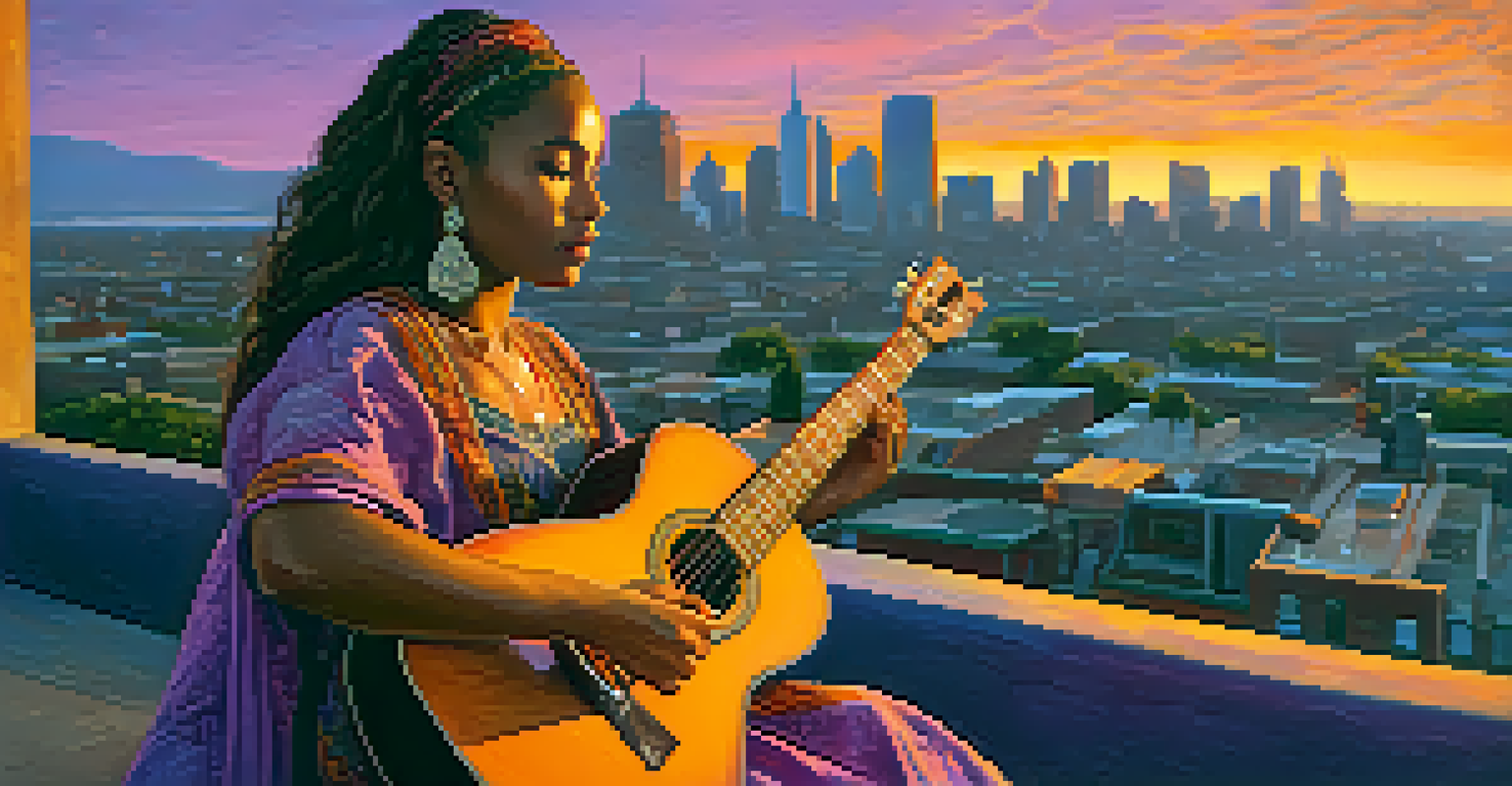 A young woman playing guitar on a city rooftop at sunset, with a skyline background and vibrant sky colors.