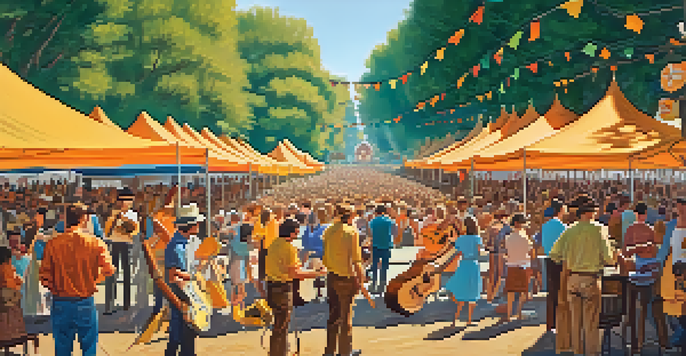 A lively 1960s folk music festival with musicians playing guitars and a diverse crowd advocating for peace and equality.