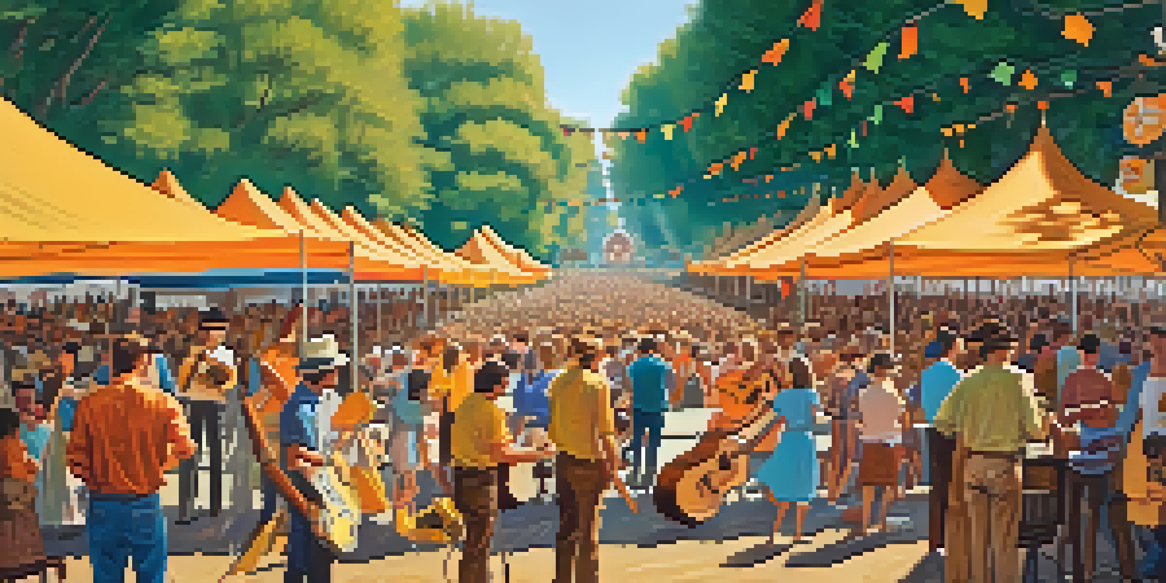 A lively 1960s folk music festival with musicians playing guitars and a diverse crowd advocating for peace and equality.