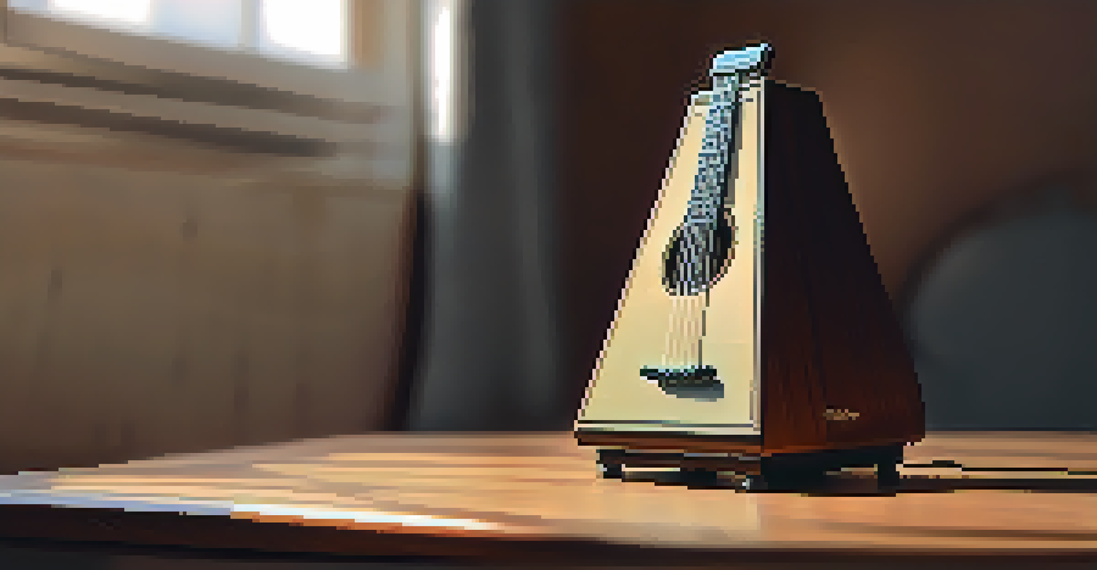 A metronome next to a guitar on a wooden table, with soft light illuminating the scene.