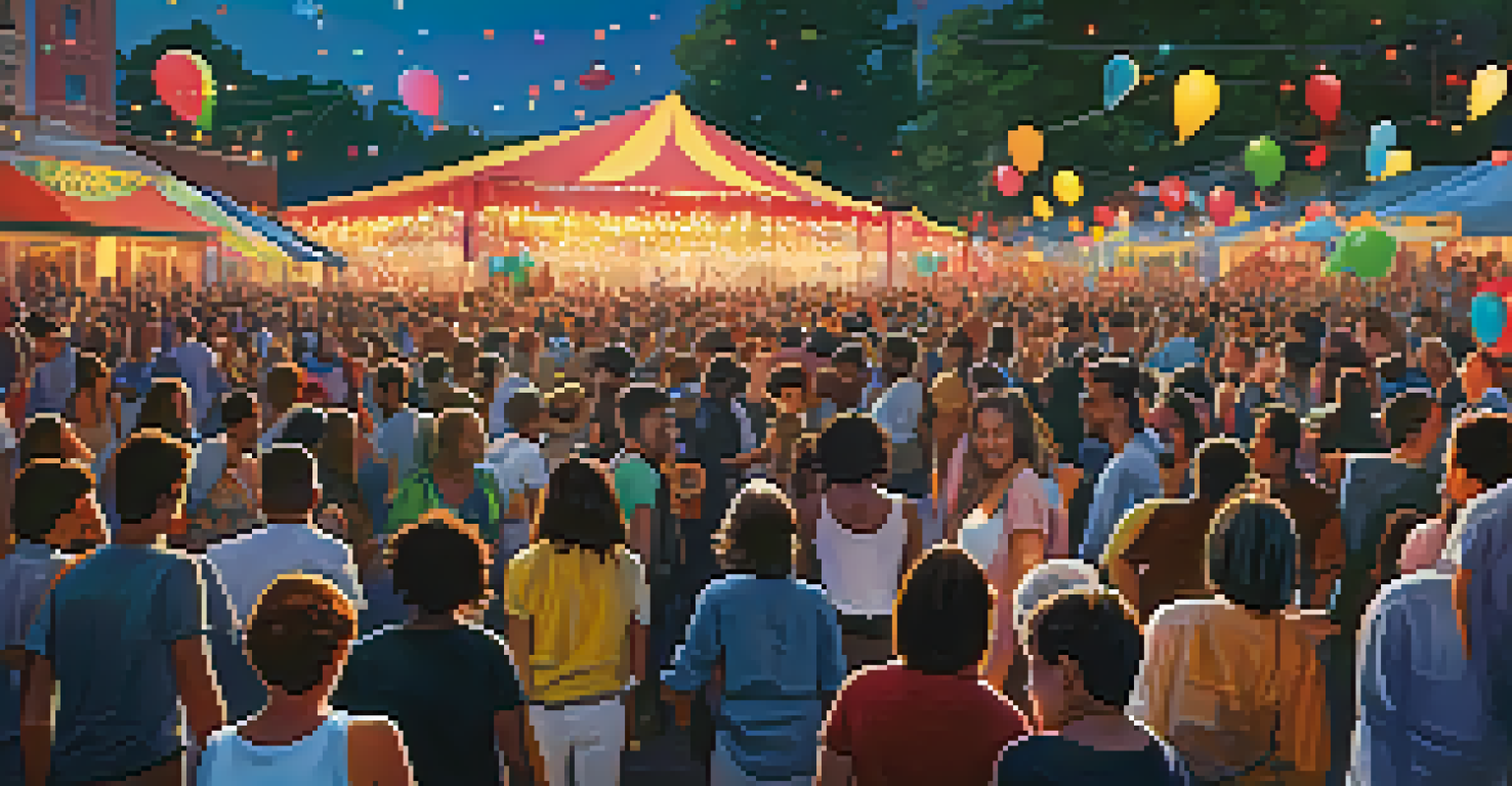 A lively outdoor music festival with musicians on stage and an energetic crowd dancing, filled with colorful lights and decorations.