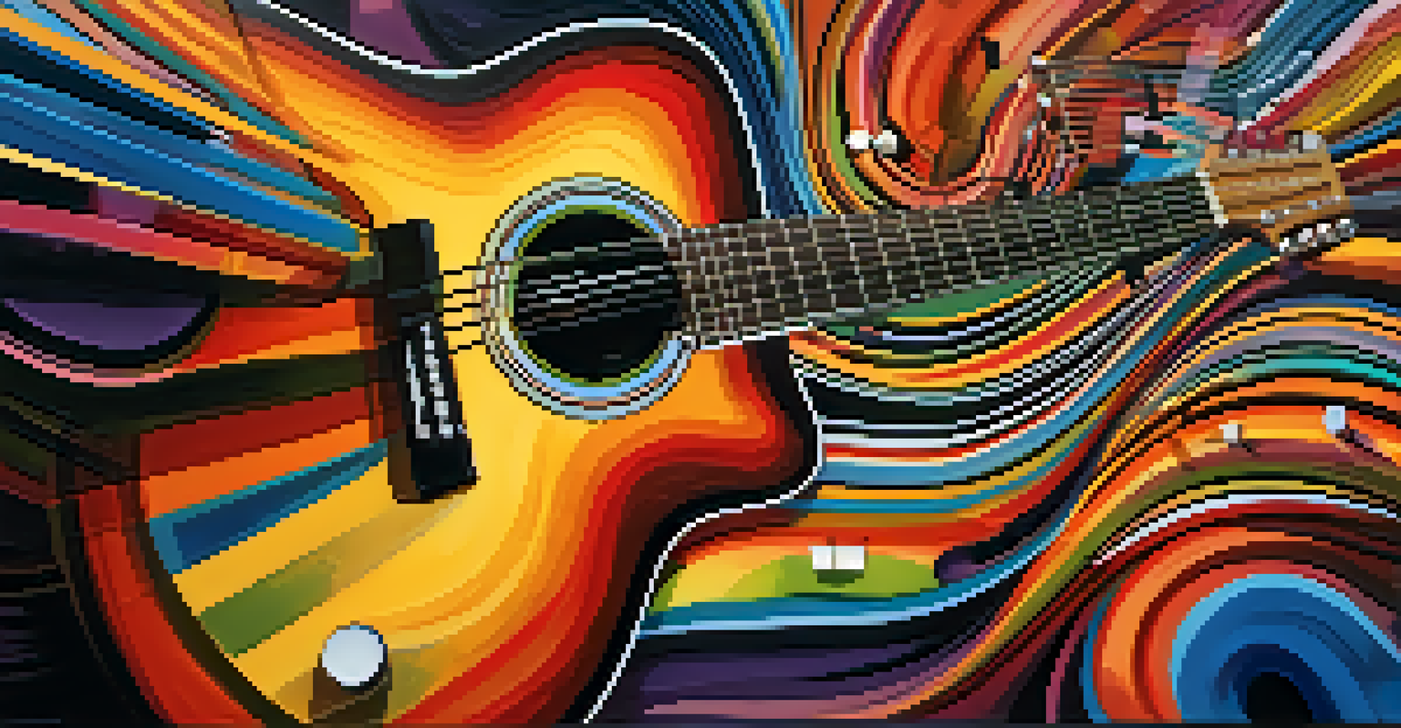 An abstract depiction of sound waves from a guitar, with colorful patterns representing harmonics and music.