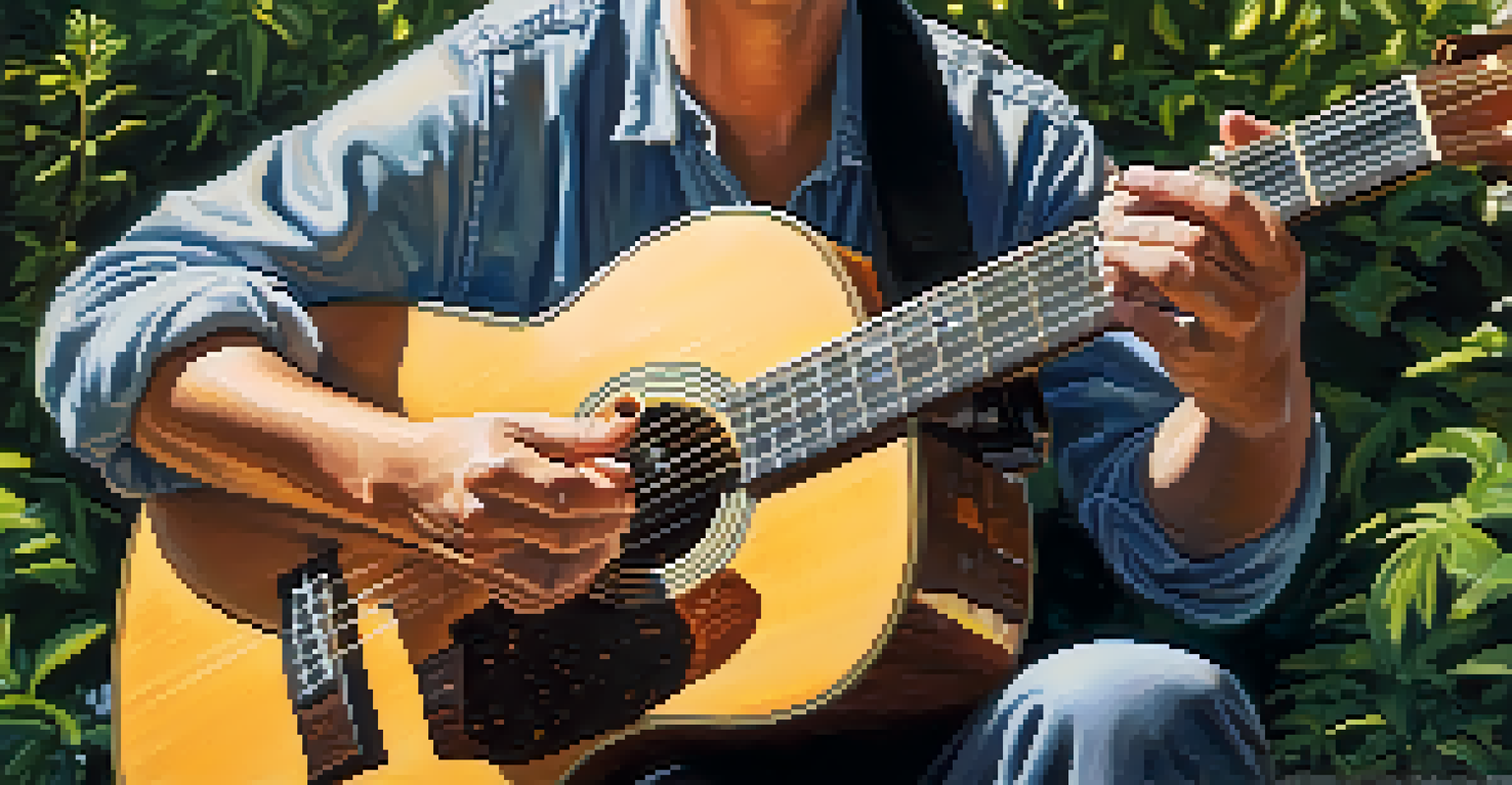 A person's hands playing a guitar outdoors, surrounded by greenery and dappled sunlight, emphasizing the music-making process.