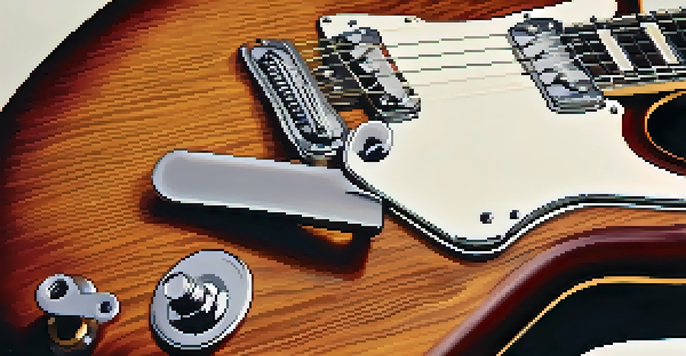 A close-up view of an electric guitar highlighting new humbucker pickups, with tools in the background.