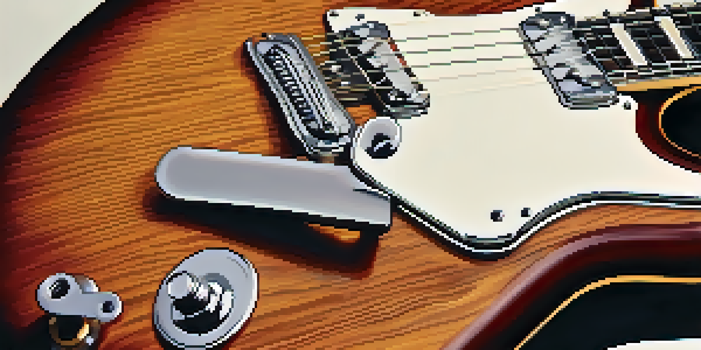 A close-up view of an electric guitar highlighting new humbucker pickups, with tools in the background.