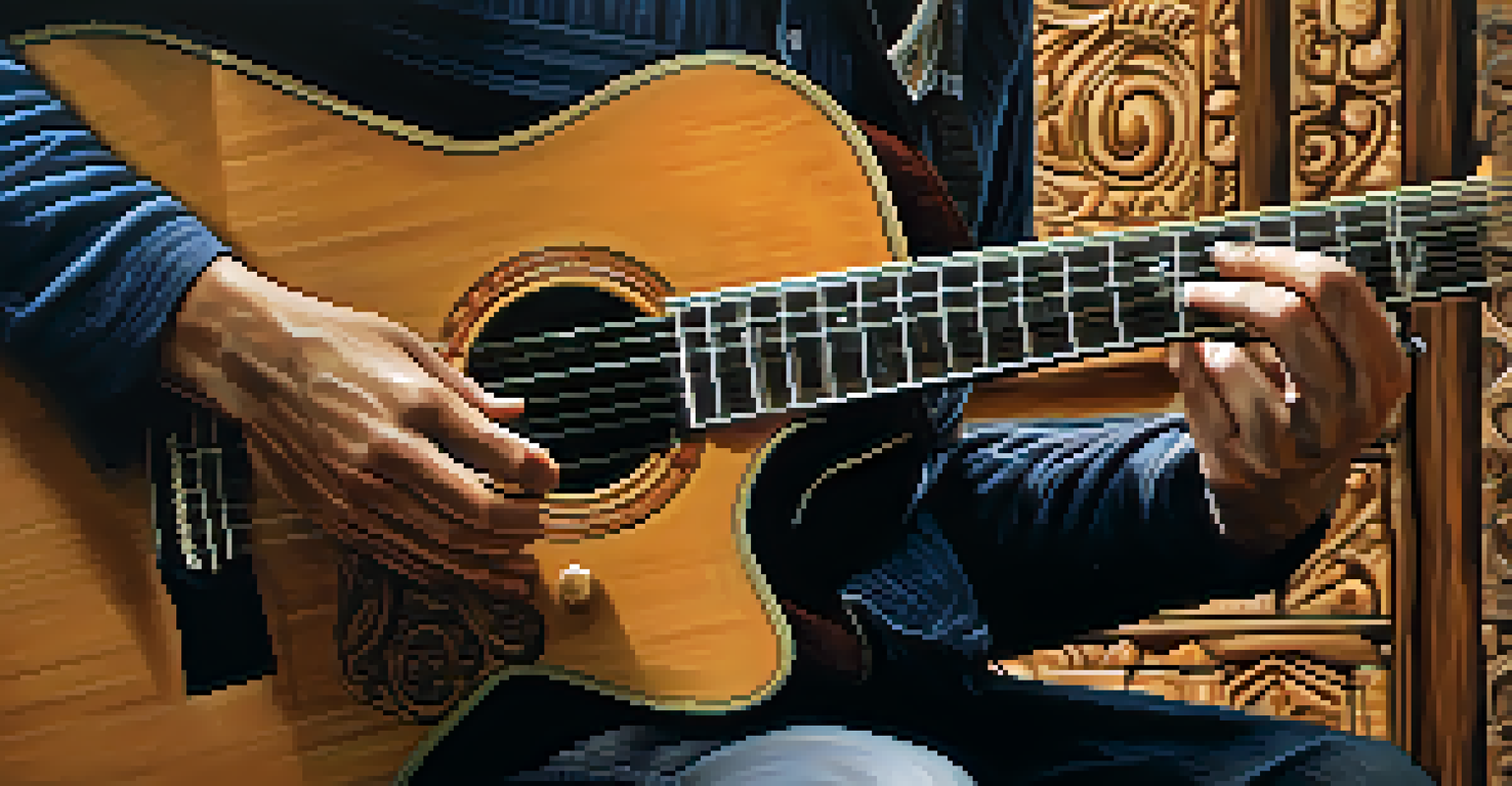 A close-up of a guitarist's hands playing a beautifully carved guitar in a rustic setting, illuminated by natural light.