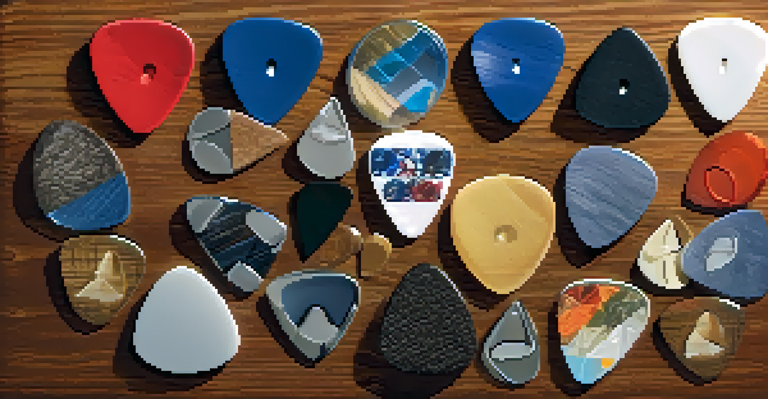 A collection of guitar picks made from various materials, artistically arranged on a textured wooden background, showcasing their different colors and shapes.