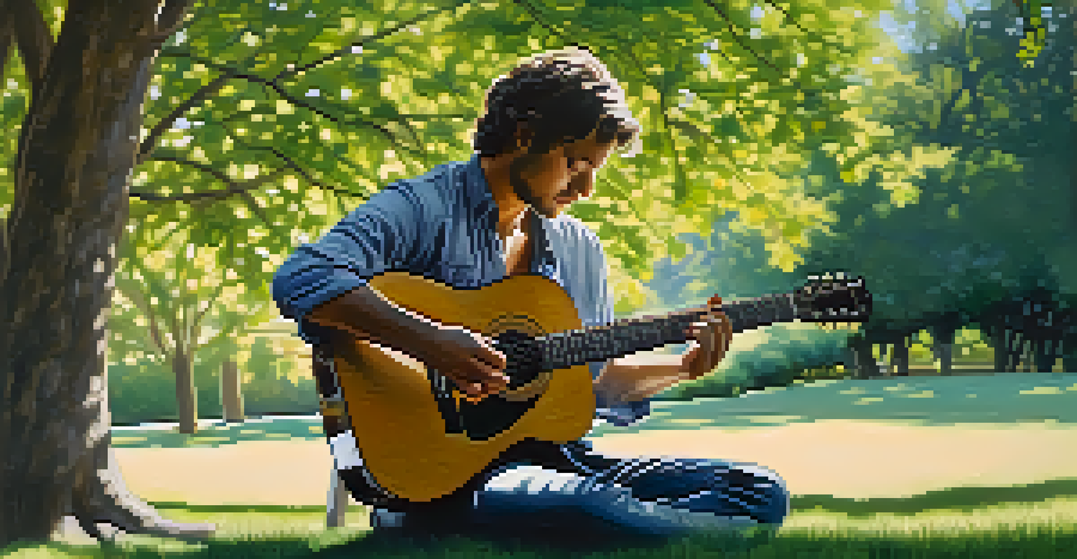 A guitarist sitting in a park with eyes closed, visualizing their performance, surrounded by dappled sunlight and green grass, holding their guitar with a peaceful expression.