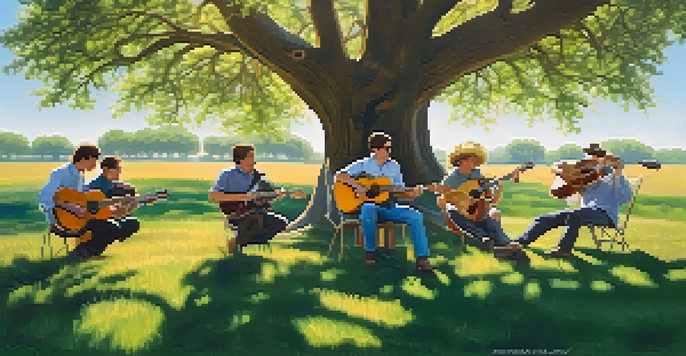 A guitar ensemble performing outdoors under an oak tree, with sunlight filtering through the leaves and colorful wildflowers around them.