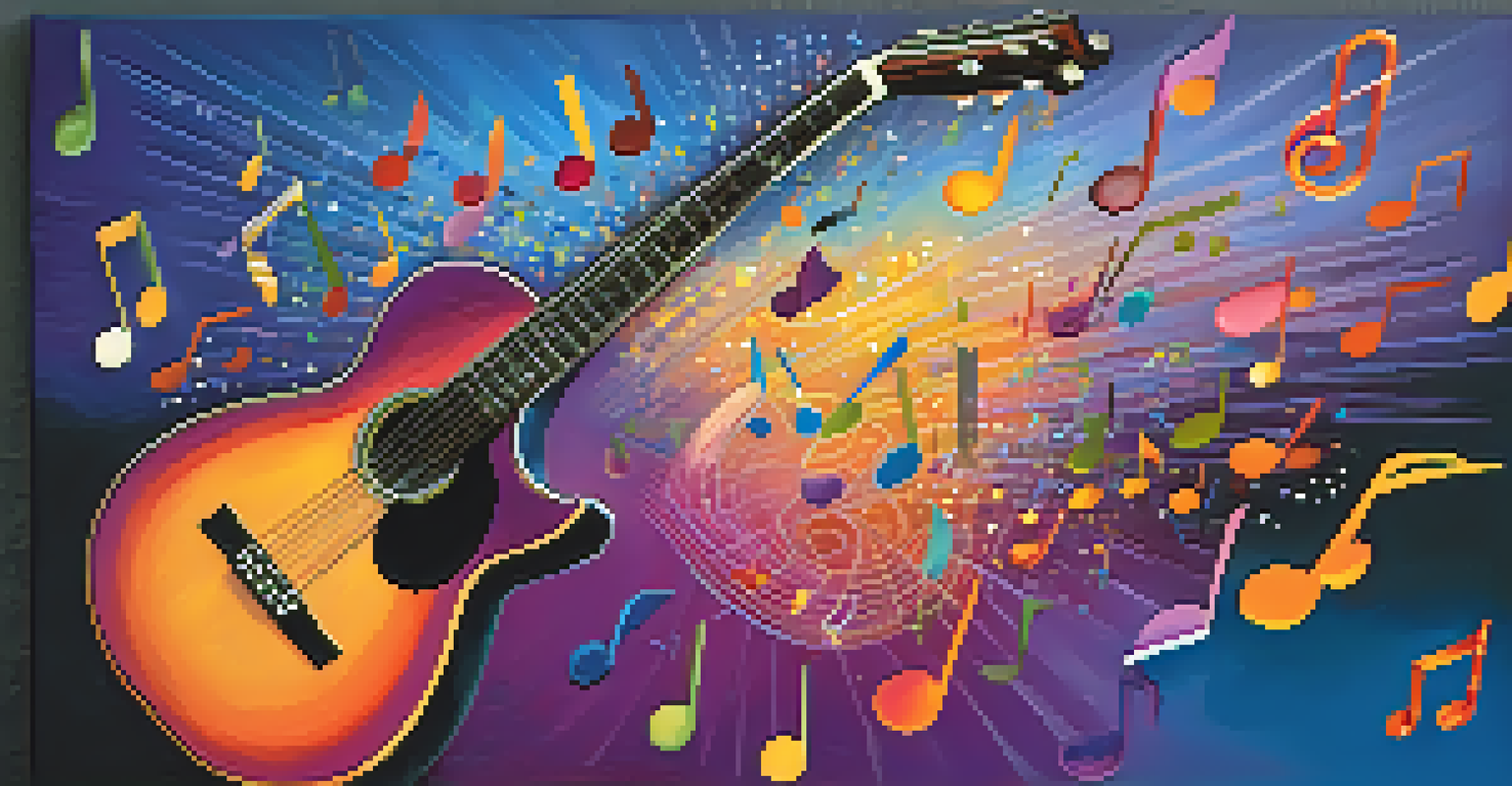 An artistic illustration of musical notes and symbols above a guitar, representing chord inversions with a colorful, creative background.