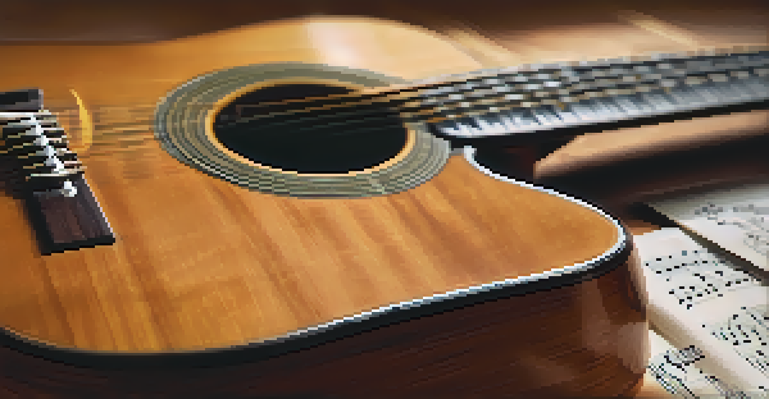 Close-up of an acoustic guitar fretboard with open chords, warm lighting, and a blurred background of sheet music and coffee.