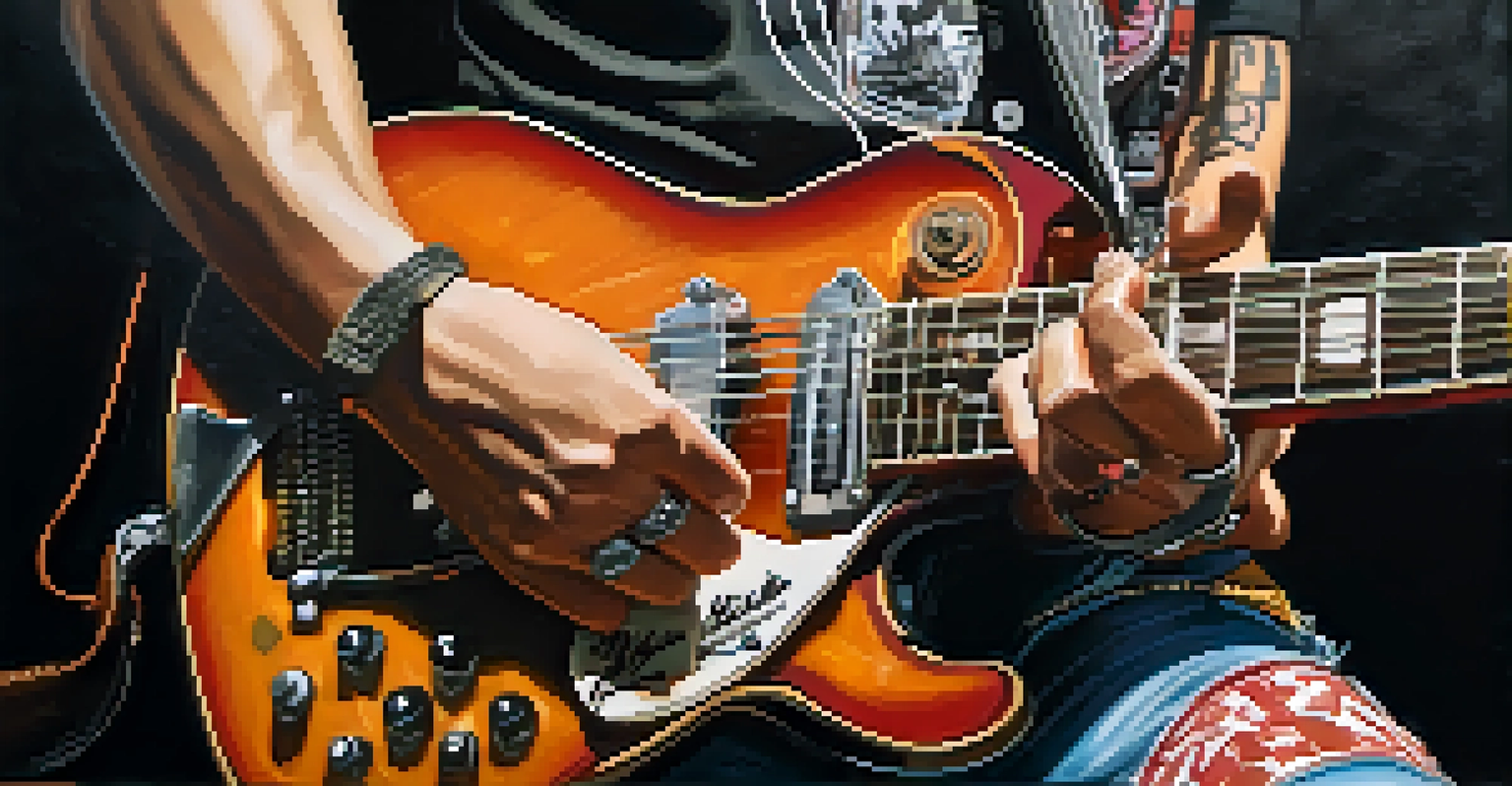 A close-up of a punk musician's hands on a modified guitar, with a blurred background highlighting the intensity of the performance.