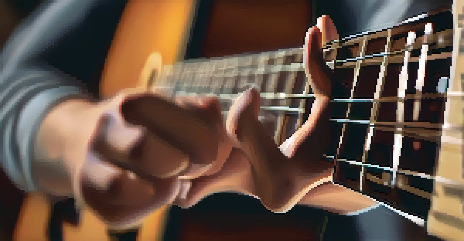 Close-up of hands playing guitar chords with a cozy room filled with musical instruments in the background.